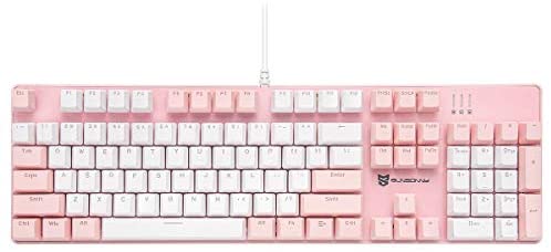 Merdia Mechanical Keyboard Gaming Keyboard with Brown Switch Wired White Backlit Keyboard Full Size 104 Keys US Layout(Pink & White)