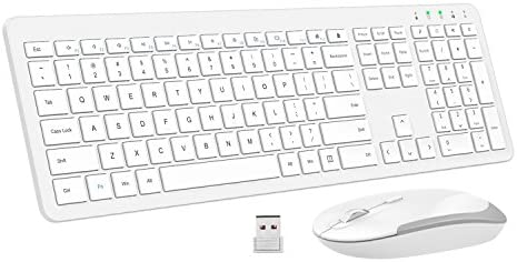 MoKo Slim Keyboard and Mouse Set, Ultra-Thin 2.4G Light Full-Size Wireless Keyboard & Mouse Combo with Nano USB Receiver for Android, Windows, Laptop, Desktop, PC, Notebook, Computer – White