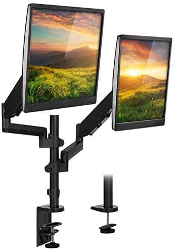 Mount-It! Monitor Arm Mount Desk Stand | Vertical Stackable Arms | Articulating Gas Springs Height Adjustable | 24 27 29 30 32 Inch VESA 75 100 Compatible Screens | Clamp and Grommet (Dual Monitor)