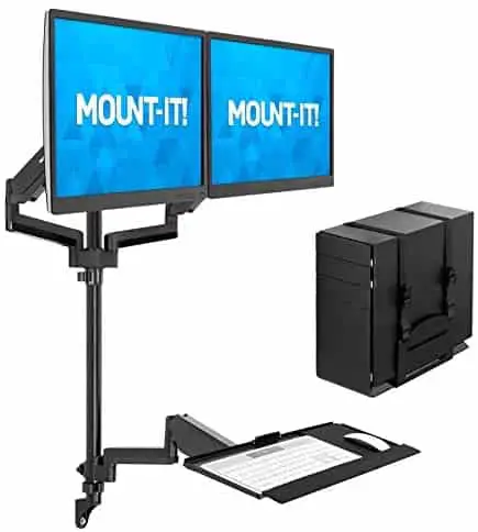 Mount-It! Wall Mount Workstation with Dual Monitor Mount, Keyboard Tray and CPU Holder, Height Adjustable Full Motion Arms, Fits Two 32 Inch Computer Screens