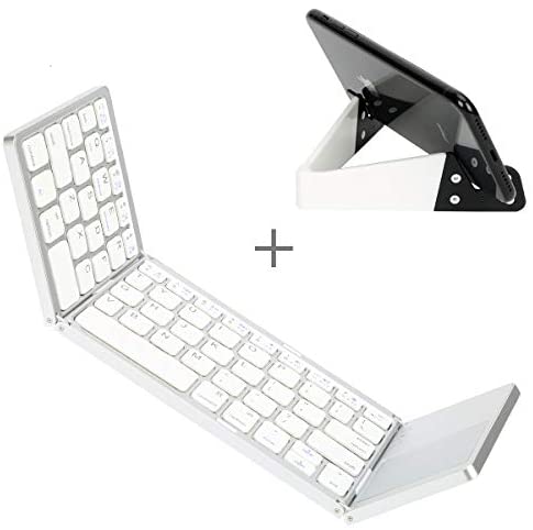 Multi-Device Bluetooth Keyboard – IKOS Portable Rechargeable Wireless Keyboard with Stand Holder, Ultra Slim Ergonomic Folding Keyboard,for OS iOS Android Windows Smartphone Tablet Laptop Mac (White)