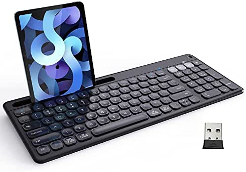 Multi-Device Bluetooth Keyboard, iClever DKA2KB Dual Mode (Bluetooth 4.2 + 2.4G) Wireless Keyboard, Ergonomic Ultra-Slim Computer Keyboard with iPad Holder for Mac, Windows, Android, PC, Laptop, Black