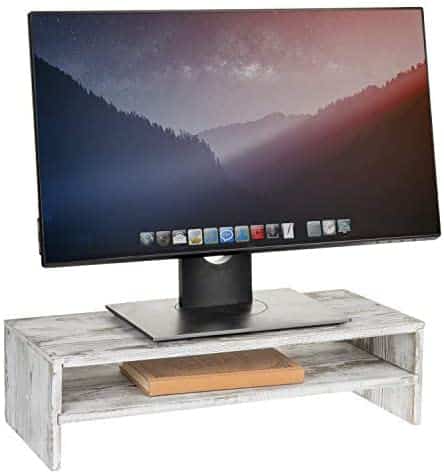 MyGift 2-Tier Rustic Whitewashed Wood Computer Monitor Stand & Desktop Shelf