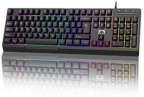 NACODEX Low Sound 104 Keys Wired Membrand Keyboard with Rainbow LED Backlit, 19 Anti-Ghosting Keys Mechanical Feeling PC Computer Keyboard for Gaming/Office Typing (Black)