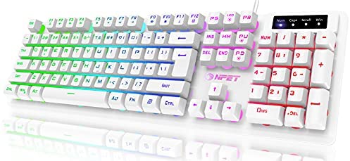 NPET K10 Gaming Keyboard USB Wired Floating Keyboard, Quiet Ergonomic Water-Resistant Mechanical Feeling Keyboard, Ultra-Slim Rainbow LED Backlit Keyboard for Desktop, Computer, PC, White