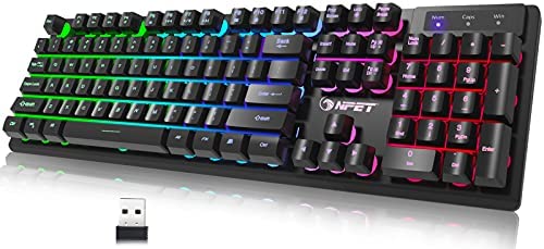 NPET K11 Wireless Gaming Keyboard, Rechargeable Backlit Ergonomic Water-Resistant Mechanical Feeling Keyboard, 2.4G Wireless Ultra-Slim Rainbow LED Backlit Keyboard for PS4, Xbox One, Desktop, PC
