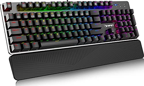 NPET K21 Mechanical Gaming Keyboard, Wired Backlit Keyboard with Wrist Rest, Customizable RGB Lighting, Ergonomic Standard Keyboard for Desktop, Computer, PC (104 Keys, Blue Swtich)