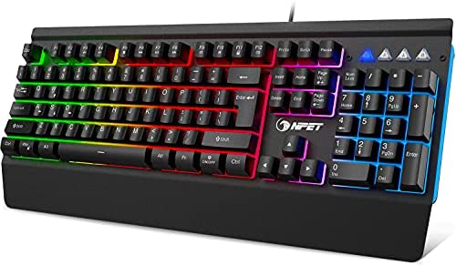 NPET K510 Gaming Keyboard, Wired LED Backlit Computer Keyboard with Ergonomic Wrist Rest, 12 Multimedia Keys & 19 Keys Anti-ghosting USB Full Size Rainbow Keyboard for Laptop/Desktop/PC