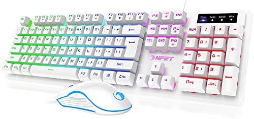 NPET S20 Wired Gaming Keyboard Mouse Combo, LED Backlit Quiet Ergonomic Mechanical Feeling Keyboard, Backlit Gaming Mouse 3200 DPI, for Desktop, Computer, PC, White