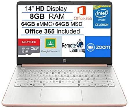 Newest HP Stream 14″ HD SVA Laptop Computer, Intel Celeron N4000 Processor, 8GB RAM, 128GB Space(64GB eMMC+64GB MSD), Office 365, HDMI, USB-C, Windows 10, Rose Gold, AllyFlex MP, Online Class