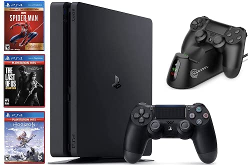 Newest Sony Playstation 4 Console 1TB Bundle: with 1 DualShock Wireless Controller, 3 Games (Spider-Man, Horizon Zero Dawn & The Last of Us Remastered Hits)+ Marxsol PS4 Controller Fast Charging Dock