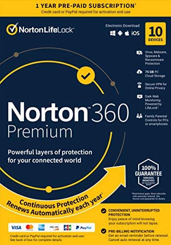 Norton 360 Premium 2021 – Antivirus Software for 10 Devices with Auto Renewal – Includes VPN, PC Cloud Backup & Dark Web Monitoring Powered by LifeLock [Key card]