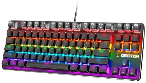 OMOTON Mechanical Gaming Keyboard, Blue Switch Rainbow Backlit Wired Keyboard, 87-Key Anti-Ghosting Tenkeyless Keyboard for PC, Gamer Computer, Desktop, Black