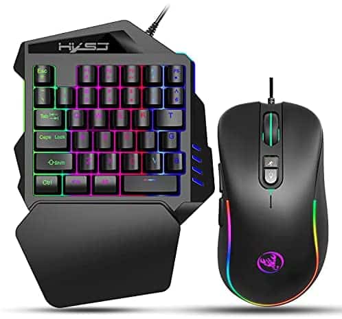 One Hand Gaming Keyboard and Mouse Combo for PC PUBG Gamer, RGB Rainbow Programmable Gaming Mouse 6-DPI Adjustable, 35 Keys Backlit Keyboard with Wrist Support, Wired Gaming Set