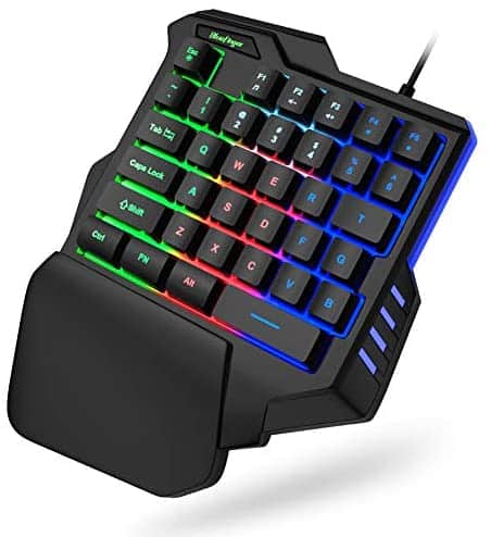 One Hand RGB Gaming Keyboard,USB Wired Rainbow Letters Glow Single Hand Keyboard with Wrist Rest Support Multimedia Keys, Backlit Ergonomic Mechanical Feeling Keyboard for Game