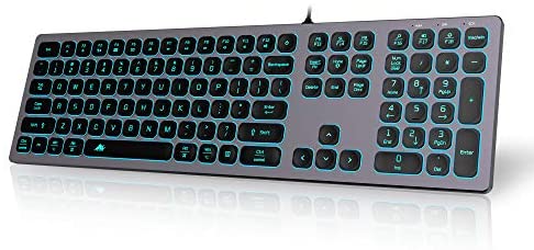 POWZAN Aluminum Quiet Wired Keyboard Backlit- Slim Chiclet Keyboard Compatible with Apple iMac, MacBook, Mac and PC, USB Keyboard Numeric Keypad RGB Lighted Key – Space Gray