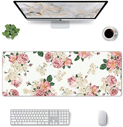 Pink Flower Mouse Pad Gaming Extended Large Waterproof Desk Mat with Non-Slip Base and Stitched Edge Laptop Computer Keyboard Mousepad for Home Office 31.5×11.8 inch