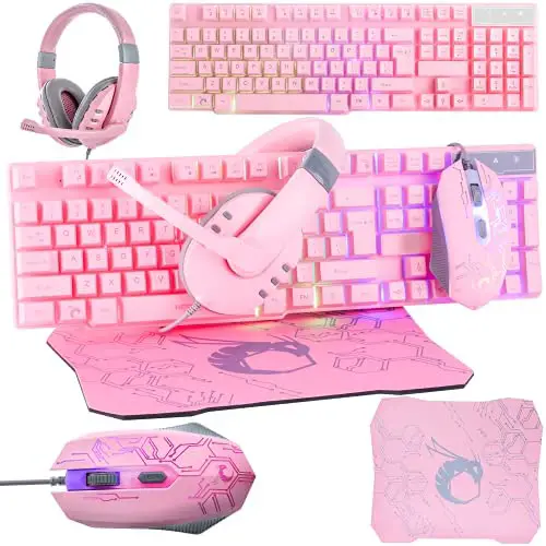 Pink Gaming Keyboard and Mouse Headset Headphones and Mouse pad, Wired LED RGB Backlight Bundle Pink PC Accessories for Gamers and Xbox and PS4 PS5 Nintendo Switch Users – 4in1 Edition Hornet RX-250