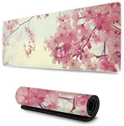 Pink Japanese Sakura Gaming Mouse Pad XL, Extended Large Mouse Mat Desk Pad, Stitched Edges Mousepad, Long Non Slip Rubber Base Mice Pad, 31.5 X 11.8 Inch