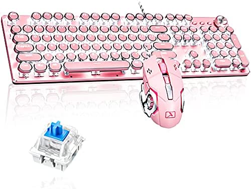 Pink Vintage Mechanical Gaming Keyboard with Mouse Retro Punk Typewriter-Style White LED Backlit USB Wired Mechanical Keyboard for PC Laptop Desktop Computer Game and Office(Blue Switch)