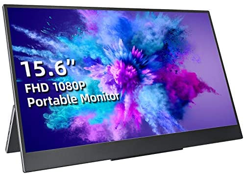 Portable Monitor – 15.6 Inch USB C FHD 1920×1080 IPS Second Screen HDR FreeSync Slim External Display with 2 Type-C Mini HDMI Speakers Kickstand for Laptop PC Mac Phone Surface Xbox PS4 PS5 Switch