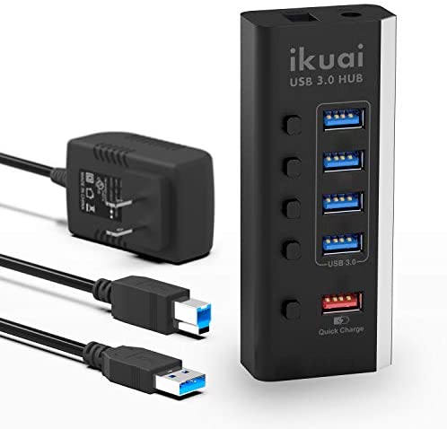 Powered USB Hub ikuai 5 Port USB Hub 3.0 Splitter with 4 Port USB Hub +1 USB Fast Charging Port, USB Extender Hub with 24W (12V/2A) Power Adapter and Individual On/Off Switches
