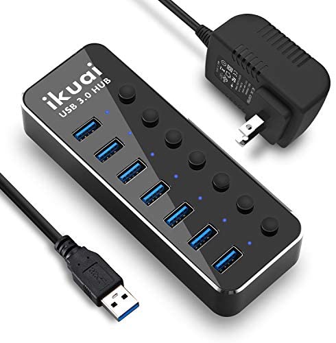 Powered USB Hub ikuai 7 Port Aluminum USB 3.0 Data Hub Splitter with 5V/3A Power Adapter and Independent On/Off Switch USB Port Expander for MacBook Laptop PC and More