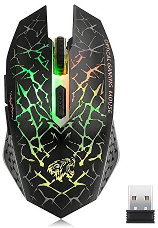 Q8 Wireless Gaming Computer Mouse, 2.4GHz USB Optical Rechargeable Ergonomic LED Wireless Silent Mouse, 3 Adjustable DPI, 6 Buttons, Compatible with PC, Laptop, Notebook, Desktop (Black)