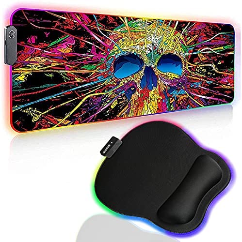 Qudodo RGB Mouse Pad with Wrist Support and RGB Gaming Mouse Pad,11Types RGB Mode,Static,Breathing Cycle,Marquee Effect,3D Skull Head Anti-Slip Rubber Base Computer Keyboard Mouse Mat