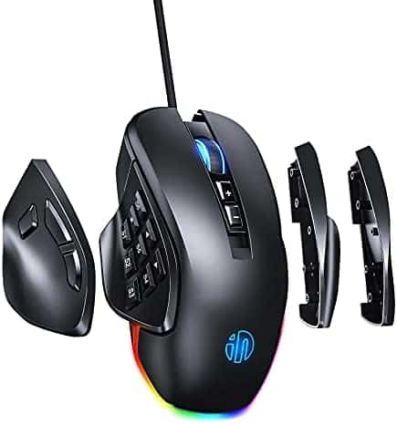 RBG Wired Gaming Mouse INPHIC PG9, 8/14 Programmable Button With 4 Replaceable Side Plates, Brilliant RGB Backlight, Max 10K DPI with 6 Adjustable Level, Ergonomic MMO Gaming Mouse for PC Gaming-Black