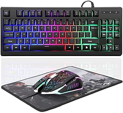 RGB 87 Keys Gaming Keyboard and Colorful Mouse Combo,USB Wired Backlit Mechanical Feeling Gaming Keyboard and Gaming Mouse for Laptop PC Computer Game and Work