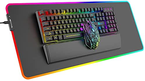 RGB Gaming Keyboard Mouse and Mousepad Kit Wired 104 Keys Mechanical Feel Keyboard Ergonomic Memory Wrist Rest 2400 DPI Crack Glowing Mouse Large Gaming Micepad (31.5×12 inch)