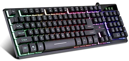 RGB Gaming Keyboard USB Wired Gaming Keyboard with Dedicated Media Controls, Multiple Color Rainbow LED Backlit, Spill-Resistant and Durable Design for Desktop, Laptop
