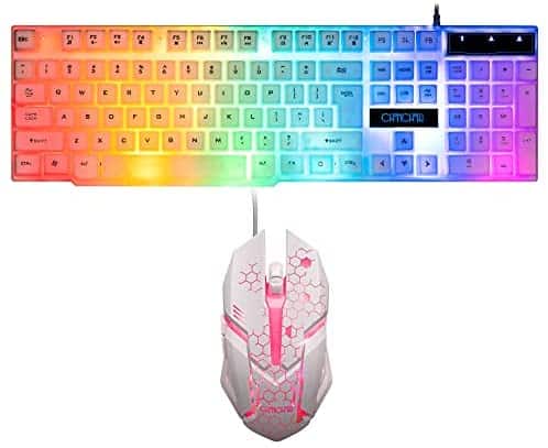 RGB Gaming Keyboard and Mouse CHONCHOW LED Backlit Wired Gaming Keyboard and Mouse Combo Mechanical Feeling Rainbow Backlight Emitting Character Compatible with PC Resberry Pi iMac(White)