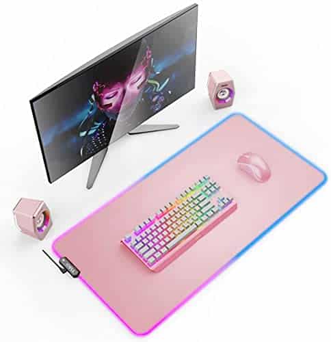 RGB Gaming Mouse Pad, YSAGi Multifunctional Gaming/Office Mouse Pad, PU Leather Waterproof Surface, Computer Keyboard Mouse Mat, Non-Slip Rubber Base (Pink, 31.5” x 15.7”)