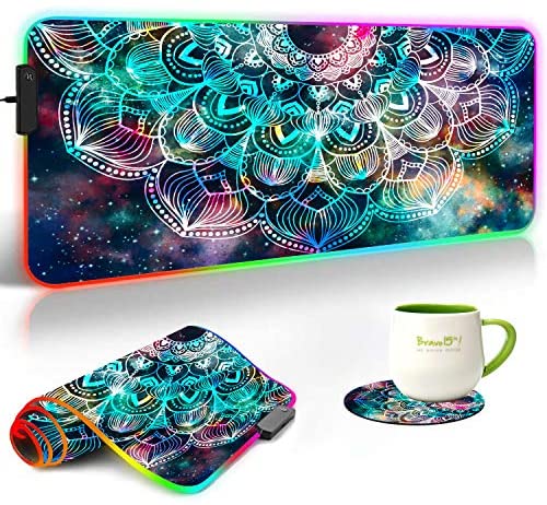 RGB Gaming Mouse Pad and Coasters Set,Mandala in Galaxy Extended Soft Led Mouse Pad with 10 Lighting Modes, Anti-Slip Rubber Base,Computer Keyboard Mouse Mat 800 x 300mm / 31.5×11.8 inches