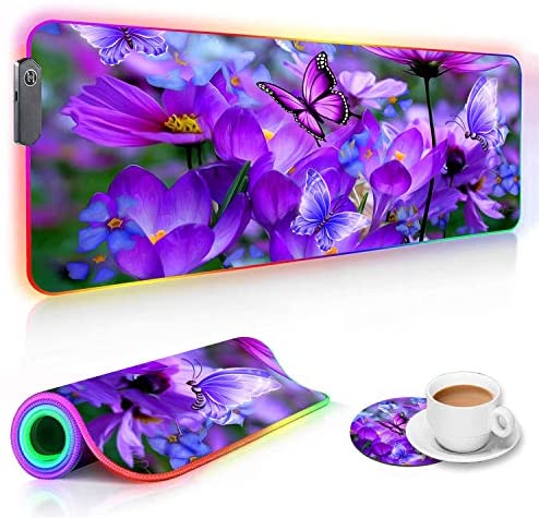 RGB Gaming Mouse Pad and Coffee Coaster, XXL Large Glowing LED Mousepad, Anti-Slip Rubber Base, Computer Keyboard Desk Mouse Mat 31.5 X 11.8 Inch – Purple Flowers and Butterfly