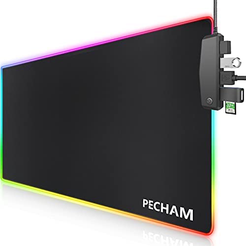 RGB Gaming Mouse Pad with 4 USB Port&14 LED Light,PECHAM 4mm LED Soft Extra Extended Large Mouse Pad , Anti-Slip Rubber Base, Computer Keyboard Mouse Mat Desk Pads- 31.5 X 12 Inch