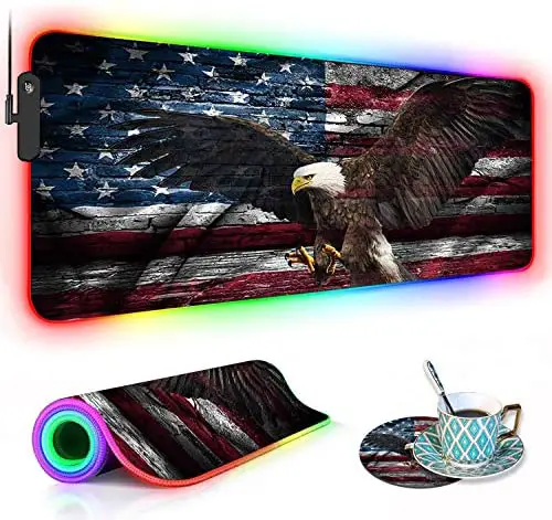 RGB Gaming Mouse Pad with Coffee Coaster, XXL Large Glowing LED Mousepad, Anti-Slip Rubber Base, Computer Keyboard Desk Mouse Mat 31.5 X 11.8 Inch – Military Wall Graffiti USA Flag Bald Eagle