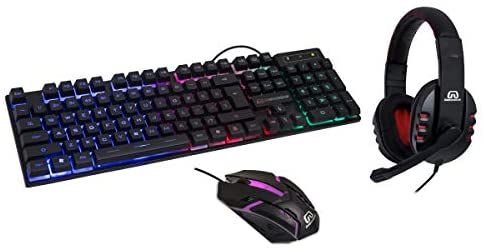 RGB PC Gaming Accessories Combo Kit – USB Spill Proof Keyboard – Wired Gaming Mouse 3 Button Optical Mouse – Stereo Gaming Headset Dual 3.5mm Jack SY-KIT53005