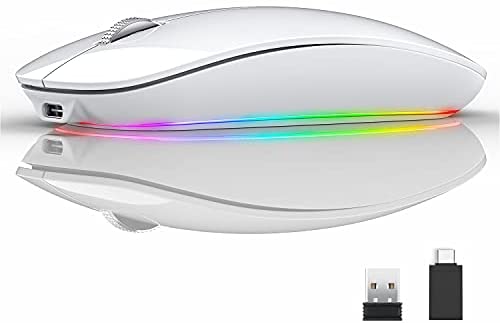 RGB Wireless Mouse, Uiosmuph G18 Rechargeable Silent RGB Backlit Wireless Laptop Mouse with USB and Type C, 2.4G Portable Cordless Computer Mice with RGB Backlight, Metal Base, Type C Charging (White)