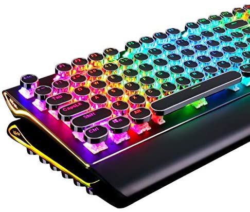 RK ROYAL KLUDGE Typewriter Style Mechanical Gaming Keyboard with True RGB Backlit Collapsible Wrist Rest 108-Key Blue Switch Retro Round Keycap, Black