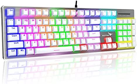 ROTTAY Rainbow Backlit Mechanical Keyboard, White Gaming Keyboard, Wired Computer Keyboard with Brown Switch and Aluminum Panel