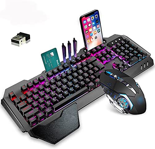 RYEWARY Wireless Charging Gaming Keyboard and Mouse Combo with Rainbow LED Backlit Ergonomic Waterproof Dustproof Keypad +Mouse+Mousepad for PS4 (Black/Mix LED Backlit)