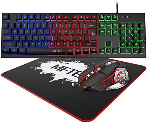 Rainbow Gaming Keyboard and Mouse Combo, MFTEK Wired RGB Backlit Gaming Keyboard and 4 Color Lighted Gaming Mouse Set with Mouse Pad for Computer PC Gamer Laptop Work