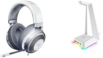 Razer Kraken Gaming Headset, Mercury White & Base Station Chroma Headphone/Headset Stand w/USB Hub: Chroma RGB Lighting – 3X USB 3.0 Ports – Mercury White