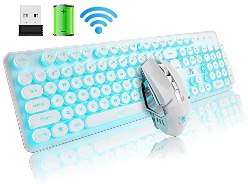 Rechargeable Keyboard and Mouse Combo Suspended Keycap Mechanical Feel Backlit 2.4G Wireless Gaming Keyboard & Mouse Adjustable Breathing Lamp for Laptop Computer and Mac (White Punk/Blue Light)