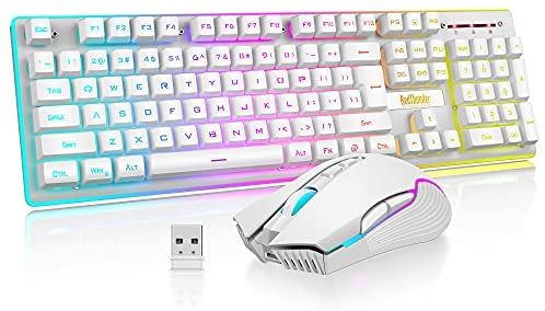 RedThunder K10 Wireless Gaming Keyboard and Mouse Combo, LED Backlit Rechargeable 3800mAh Battery, Mechanical Feel Anti-ghosting Keyboard + 7D 3200DPI Mice for PC Gamer (White)