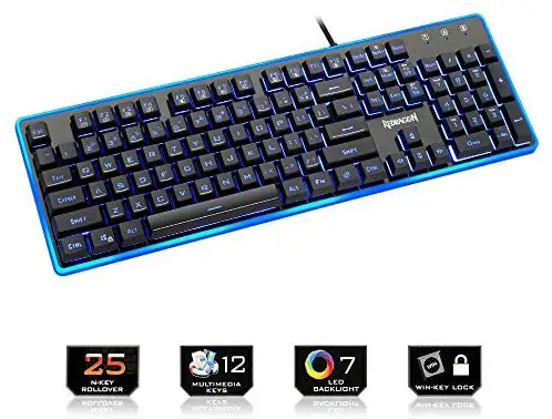 Redragon USB Gaming Membrane Keyboard Ergonomic 7 Color LED Backlit Keys Full Key Anti-ghosting 104 Wired PC Computer Gamer