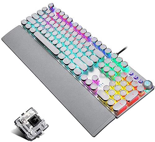 Retro Steampunk Gaming Mechanical Keyboard, Metal Panel, Black Switches, LED Backlit,USB Wired,Hand Rest,Typewriter-Style Round Keycaps,for Game and Office,for Computer Laptop Desktop PC(2088-White)